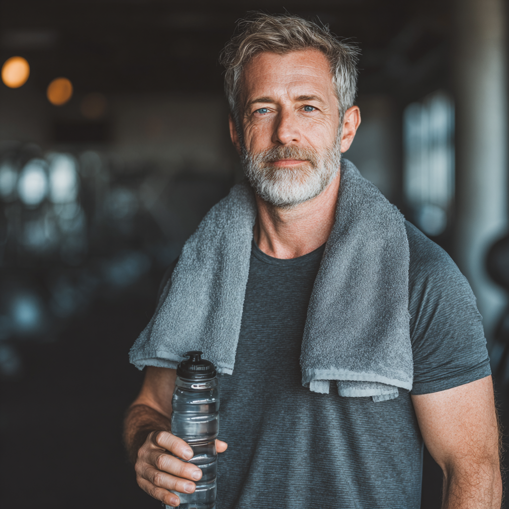 Confident middle-aged man in his 50s in athletic wear holding a water bottle and towel in a modern fitness center, showcasing healthy active lifestyle