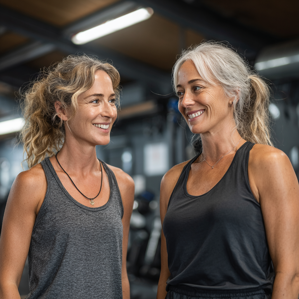 Professional fitness trainer working with a mature woman in her 40s in a modern gym setting, both smiling and engaged in a workout consultation